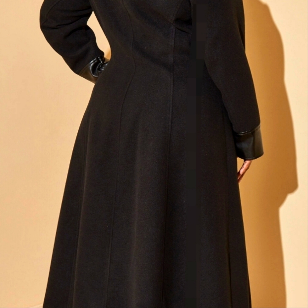 Faux leather trim wool coat